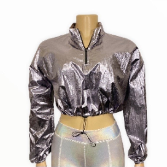 Y2K Blanc Metallic Crop top Shiny 1/4 Zip Long sleeves Drawstring waist Large - Picture 3 of 13